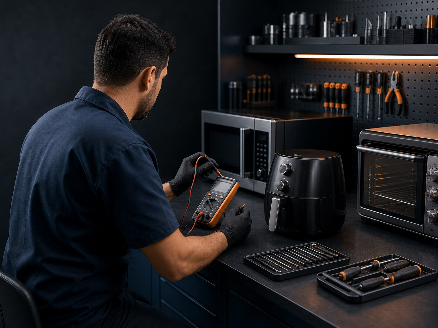 Técnico realizando avaliação de uma air fryer